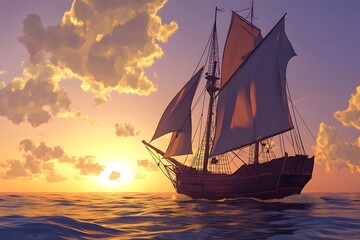 Fototapeta premium A sailing ship on the ocean at sunset with clouds in the sky and sun reflecting on the water surface
