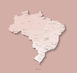 Vector modern isolated illustration. Simplified administrative map of Brazil in beige colors. Names of Brazilian cities and Brazilian states. Brown background.