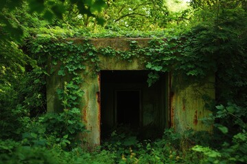 An overgrown, concrete structure, almost like a bunker or forgotten building, covered in lush green foliage with a dark, mysterious entrance.