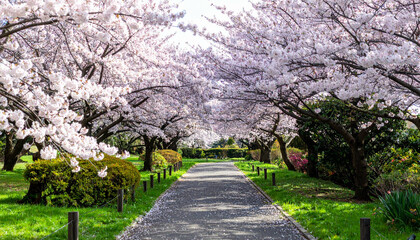 Blossoming trees line the park path, with vibrant pink petals falling onto the ground below