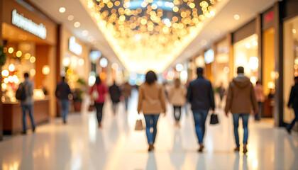 A bustling shopping mall scene with people walking, illuminated by bright lights and storefronts, creating a vibrant atmosphere