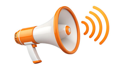 3D illustration of a white and orange megaphone with sound waves. Loudspeaker icon concept, isolated on transparent background.