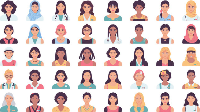 Collection of flat vector icons illustrating diverse women from various professions and cultures, each character portrayed with unique attire and accessories