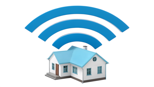 Light Blue and White House with a Strong Blue WiFi Signal Radiating Above - Smart Home Connectivity Concept