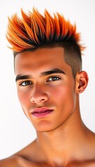 This Brazilian man wears a fiery frohawk with flame-colored tips. His creative hair and vibrant presence burn bright in this crisp white bust portrait.