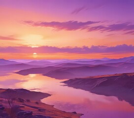 Obraz premium Abstract watercolor landscape, blended sunset hues in orange & purple , color splash, design