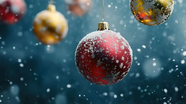 Colorful Christmas baubles hang gracefully as snow falls in a winter wonderland, christmas baubles over snow falling