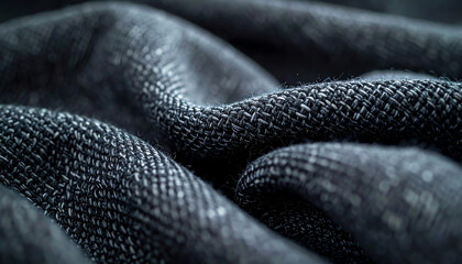 Fototapeta premium Close-up of textured black fabric, highlighting intricate weave patterns and soft draping qualities