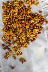 Mix of nuts as a background. Top view. 