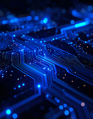 A close-up view of a circuit board with intricate blue lines and glowing lights, creating a futuristic and technological aesthetic