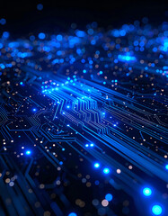 Fototapeta premium Vibrant blue circuitry with glowing lights creates a futuristic, tech-inspired atmosphere, showcasing the elegance of digital connections and technology