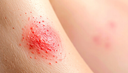 Fototapeta premium Skin showing a red, inflamed area with a textured surface, possibly indicating a rash, infection, or allergic reaction