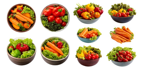 Fresh Vegetables and Leafy Greens in Colorful Bowls Arrangement, Isolated on Transparent, white background