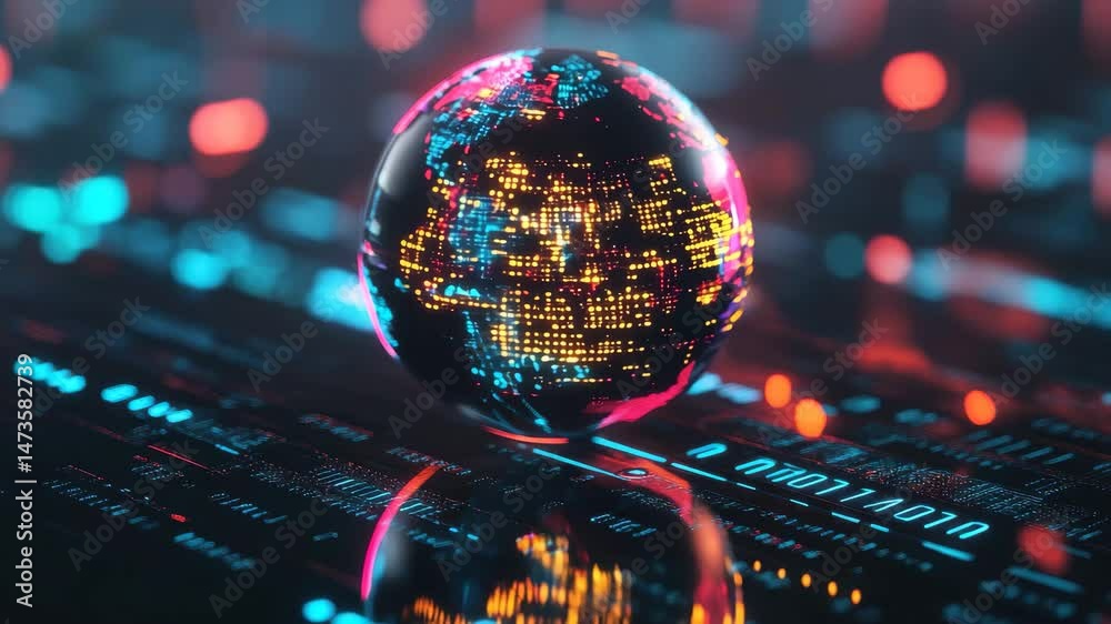 Fototapete Spinning globe over computing circuit board with illuminated binary code reflecting a digital world, spinning globe over computing board and binary coding