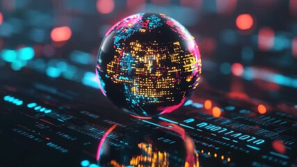 Spinning globe over computing circuit board with illuminated binary code reflecting a digital world, spinning globe over computing board and binary coding - Powered by Adobe