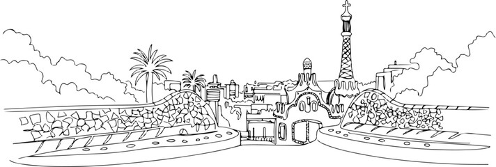 Park Guell in Barcelona with mosaic designs and whimsical buildings, line art drawing style. vector illustration