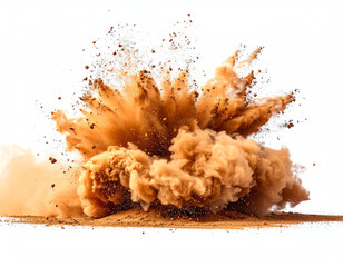 A dramatic explosion sends a cloud of dust and debris into the air against a white background, showcasing the power and chaos of the event