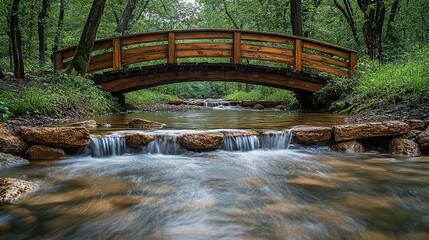 A rustic wooden bridge arching over a clear, flowing stream in a peaceful countryside setting The scene invites contemplation and a connection with nature