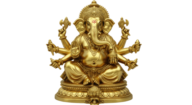 Golden Multi-Armed hindu god Ganesha Statue Isolated on Transparent PNG Background