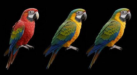 Colorful macaw parrots in profile view against a black background. Side view profile of three macaws in vibrant colors.