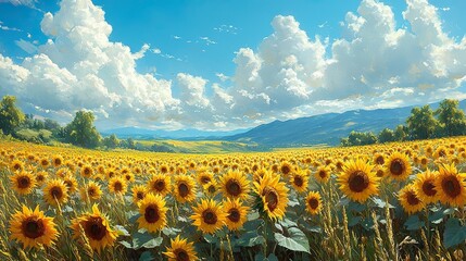 Obraz premium A seemingly endless field of bright yellow sunflowers stretching towards the horizon under a clear, sunny blue sky dotted with fluffy white clouds