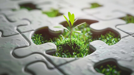 A young green plant is growing through a missing piece in a jigsaw puzzle, symbolizing growth, sustainable development, and the idea of nature finding a way.