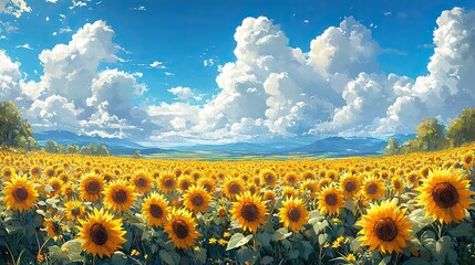 Fototapeta premium A seemingly endless field of bright yellow sunflowers stretching towards the horizon under a clear, sunny blue sky dotted with fluffy white clouds