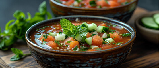 Fresh Cucumber and Tomato Soup with Mint and Herbs. A Chilled and Refreshing Soup Featuring Tomato, Cucumber, and Mint, Ideal for Summer Cuisine or Healthy Food Photography.