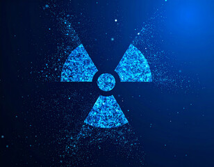 A glowing blue radiation symbol surrounded by sparkling particles, set against a dark background, conveying a sense of energy and caution