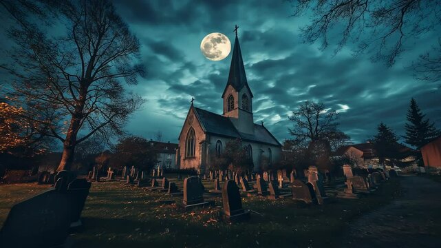 Halloween night by the old church under the moonlit sky. Halloween ghost cemetery with dark clouds. Graves in the cemetery at dusk. Spooky dark night full moon	