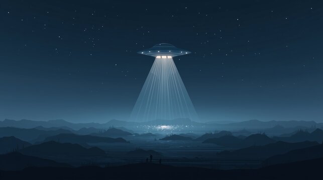 Floating UFO emitting light beams over abstract landscape, minimal vector style, extraterrestrial theme