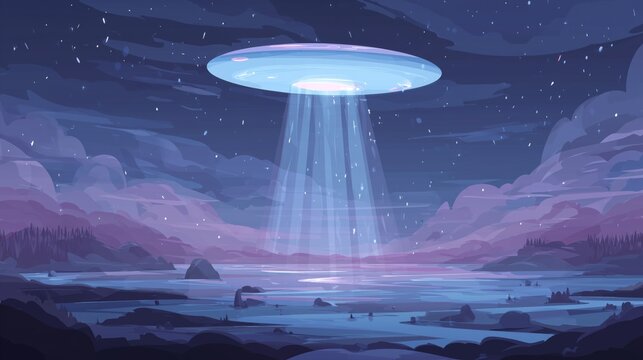 Floating UFO emitting light beams over abstract landscape, minimal vector style, extraterrestrial theme