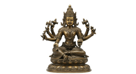 Fototapeta premium Golden Statue of Namgyalma (Ushnishavijaya) Seated on a Lotus Pedestal, Isolated on Transparent PNG Background