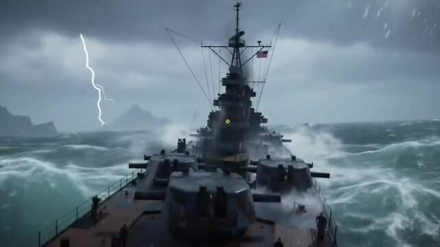 Warship in stormy ocean