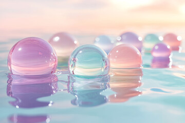 serene scene featuring transparent spheres in various pastel colors floating on calm water surface, reflecting soft light and creating tranquil atmosphere
