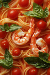 Delicious pasta with prawns, cherry tomatoes, and fresh basil leaves creates vibrant and appetizing dish that is perfect for any occasion