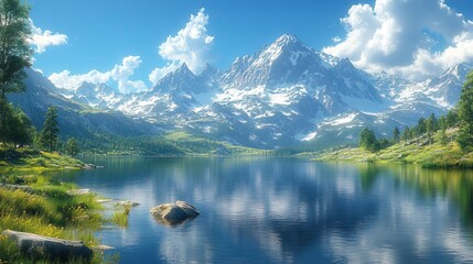 Fototapeta premium A serene mountain lake surrounded by towering peaks, reflecting the clear blue sky and the majestic landscape A place of tranquility and breathtaking beauty