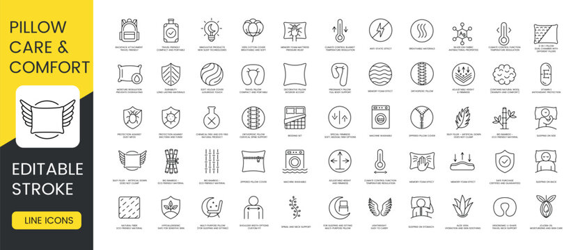 A set of vector icons representing pillow care, comfort features, sleep positions, and smart material technologies, created in line style with editable stroke