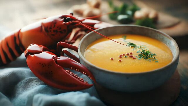 Red lobster beside Lobster bisque	
