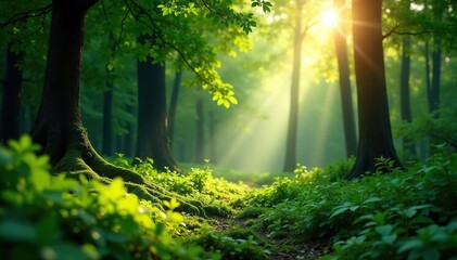 Fototapeta premium Lush forest green foliage, sunlight dappling through leaves , outdoor, park, foliage