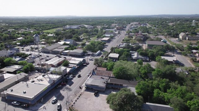 Aerial View of Bandera, Texas Main Street and historic Courthouse in the Hill Country