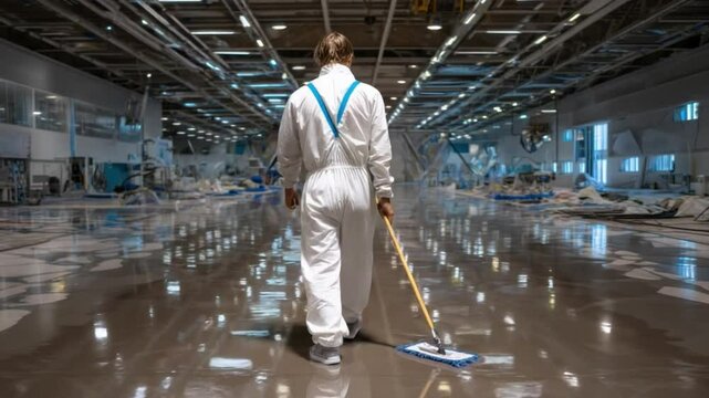 Maintenance Worker's Perspective: A solitary maintenance worker, clad in a clean uniform, navigates an expansive, modern industrial space with a determined stride, captured from a rear perspective. 