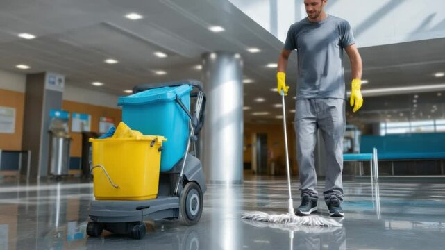 Mop Maintenance: A professional cleaner mops a spacious, polished floor, with a vibrant cleaning cart nearby, highlighting dedication to cleanliness and hygienic care.