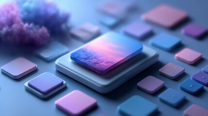 Abstract design showcasing soft pastel squares with a central glowing stack