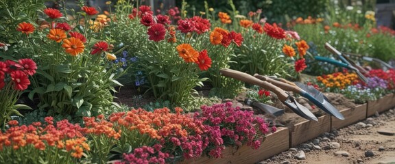 Obraz premium Close-up of vibrant flowers in a garden bed, various gardening tools neatly arranged nearby, soil, sunshine, watering can