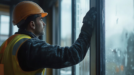 Construction Worker Inspecting Window Frame