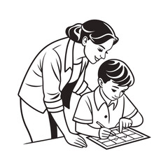a teacher leaning over to guide a student line art vector