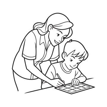 recommend clip art: a teacher leaning over to guide a student line art vector