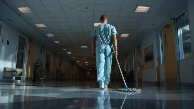 Hospital Corridor: A dedicated cleaner, in scrubs, diligently mops the reflective floor of a clean hospital corridor, embodying service, dedication, and the vital role of cleanliness in healthcare.