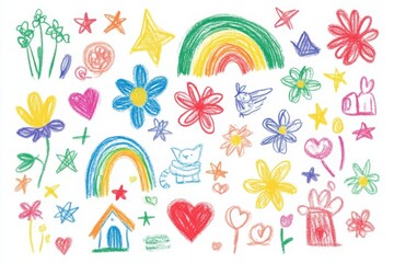 colorful kids doodle drawings of hearts, flowers, and rainbows, cute crayon-style vector set on white background